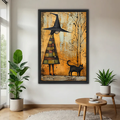 Framed witch and black cat canvas wall art on a wall between indoor plants.