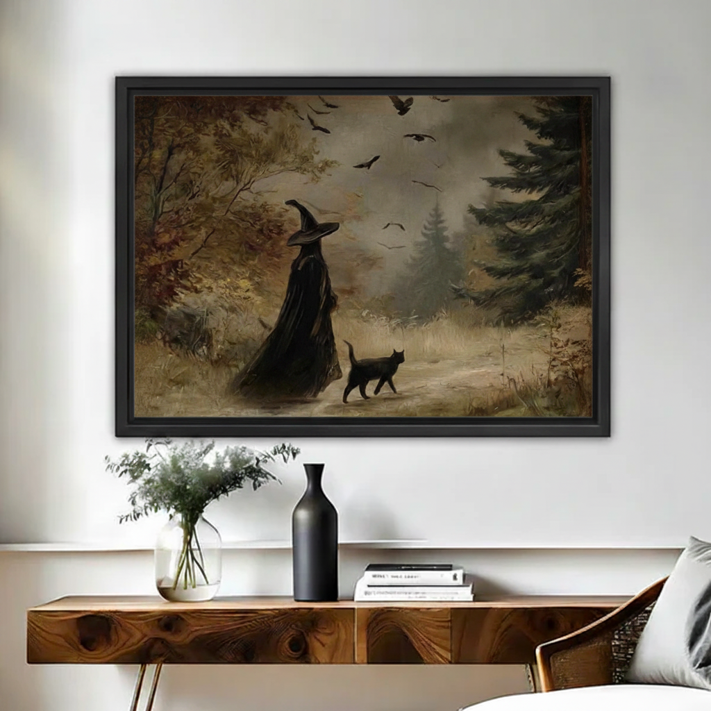 Dark folklore witch and black cat framed canvas wall art above rustic wood console table with vase and books