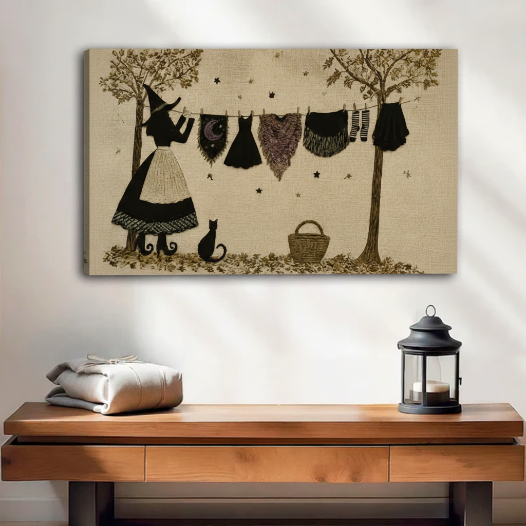 Gallery wrap witch and black cat canvas wall art displayed above a wooden console table