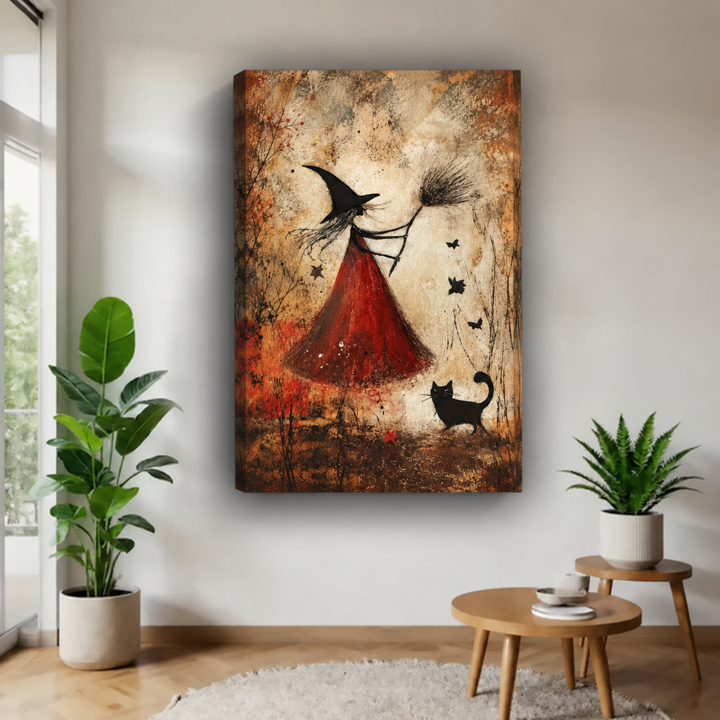 Gallery-wrap witch and black cat canvas wall art showing the textured autumn scene without a frame.