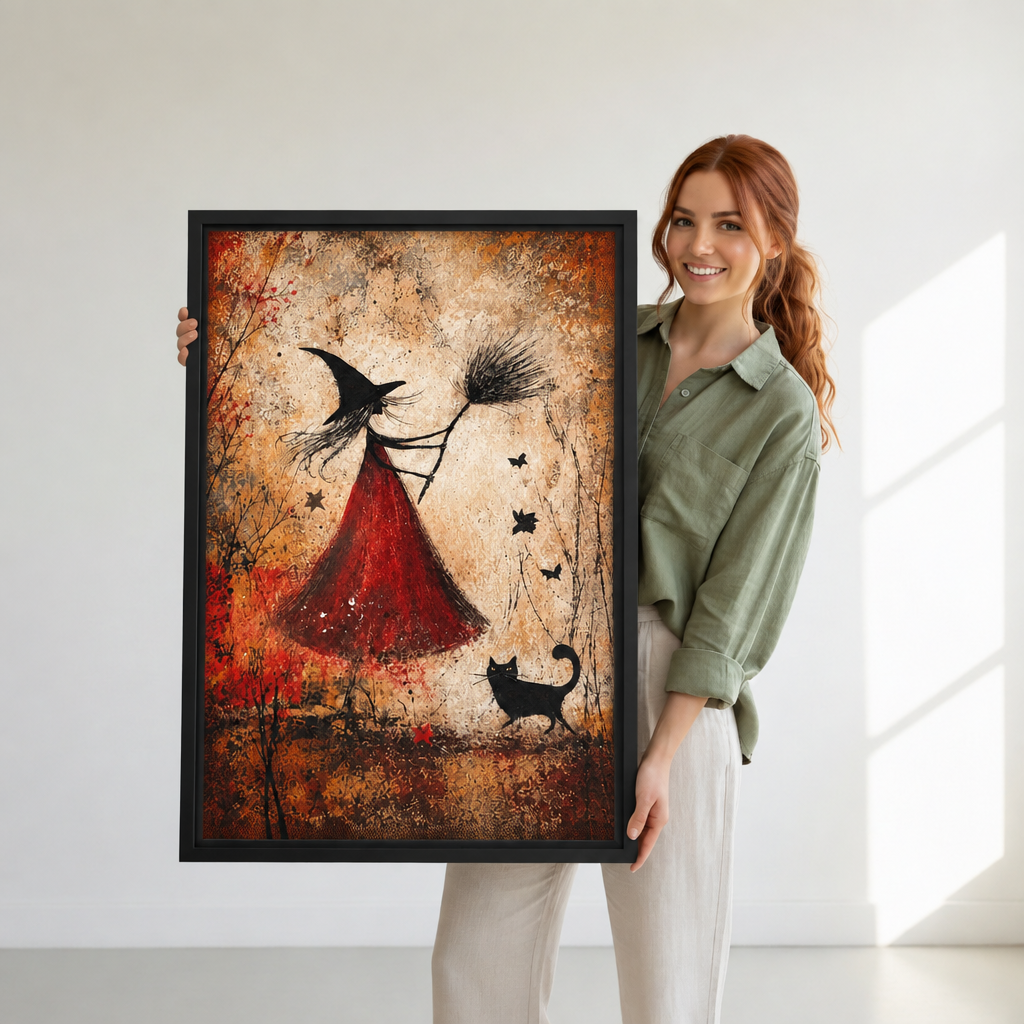 Gallery-wrap witch and black cat canvas wall art showing the textured autumn scene without a frame.