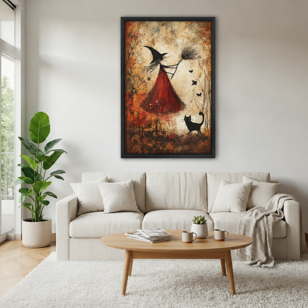 Framed witch and black cat canvas wall art hanging above a white sofa in a living room.