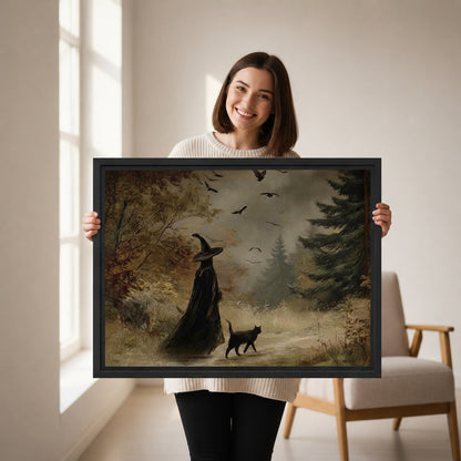 Woman in white sweater holding dark folklore witch and black cat framed canvas wall art showing print size and detail