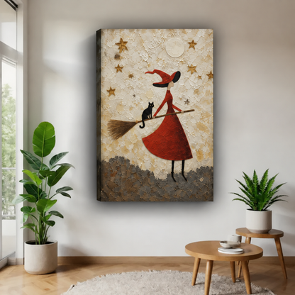 Unframed witch and black cat canvas wall art with golden stars and a cream background, displayed between potted plants.