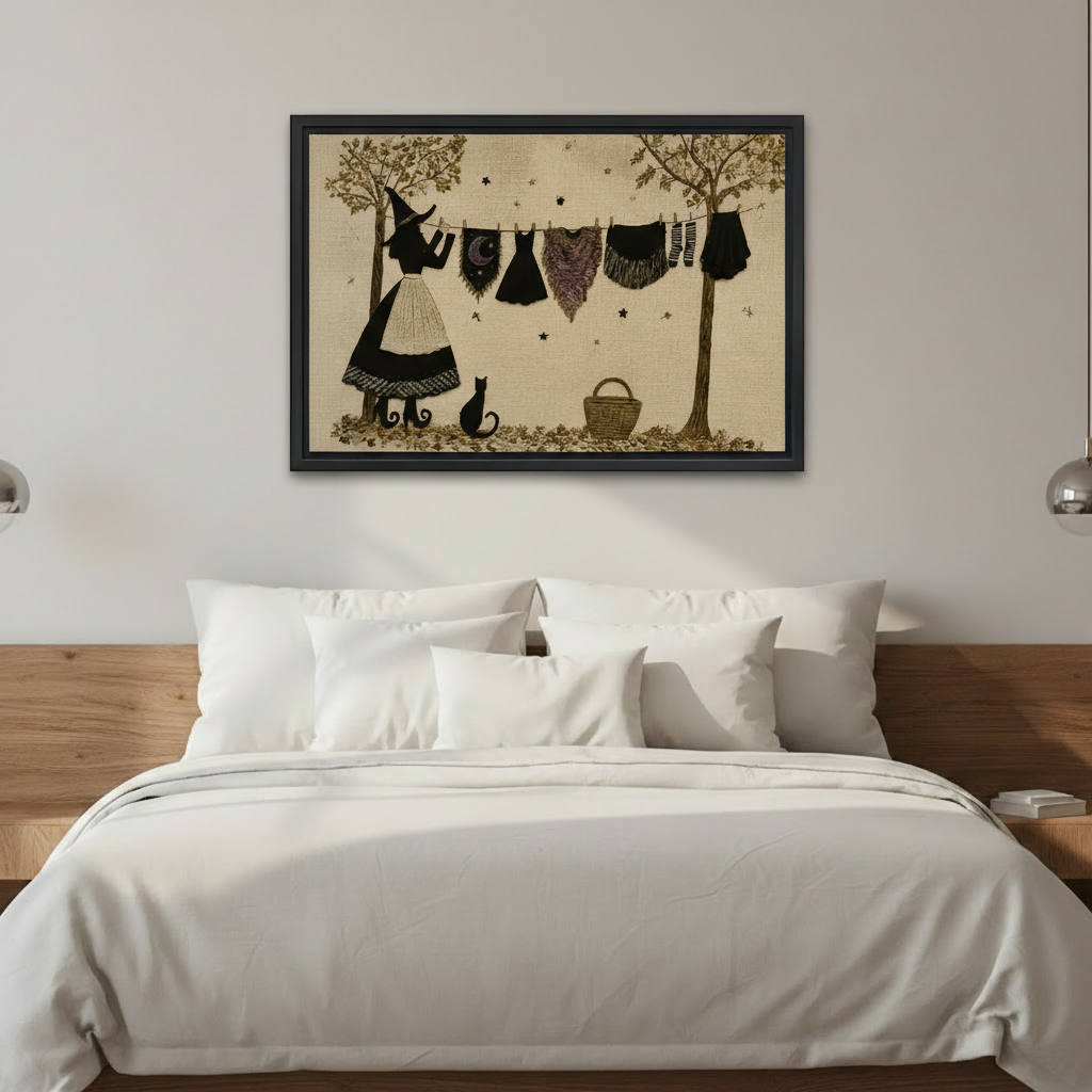 Framed witch and black cat canvas wall art above a white bed in a peaceful bedroom