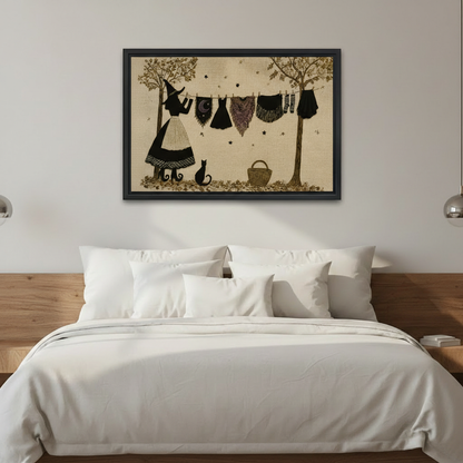 Framed witch and black cat canvas wall art above a white bed in a peaceful bedroom