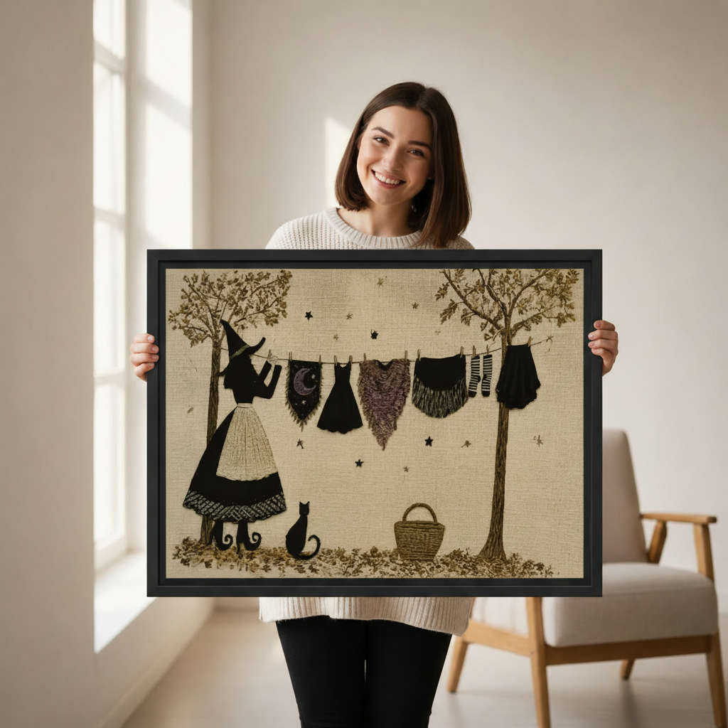 Woman holding framed witch and black cat canvas wall art in a bright modern room