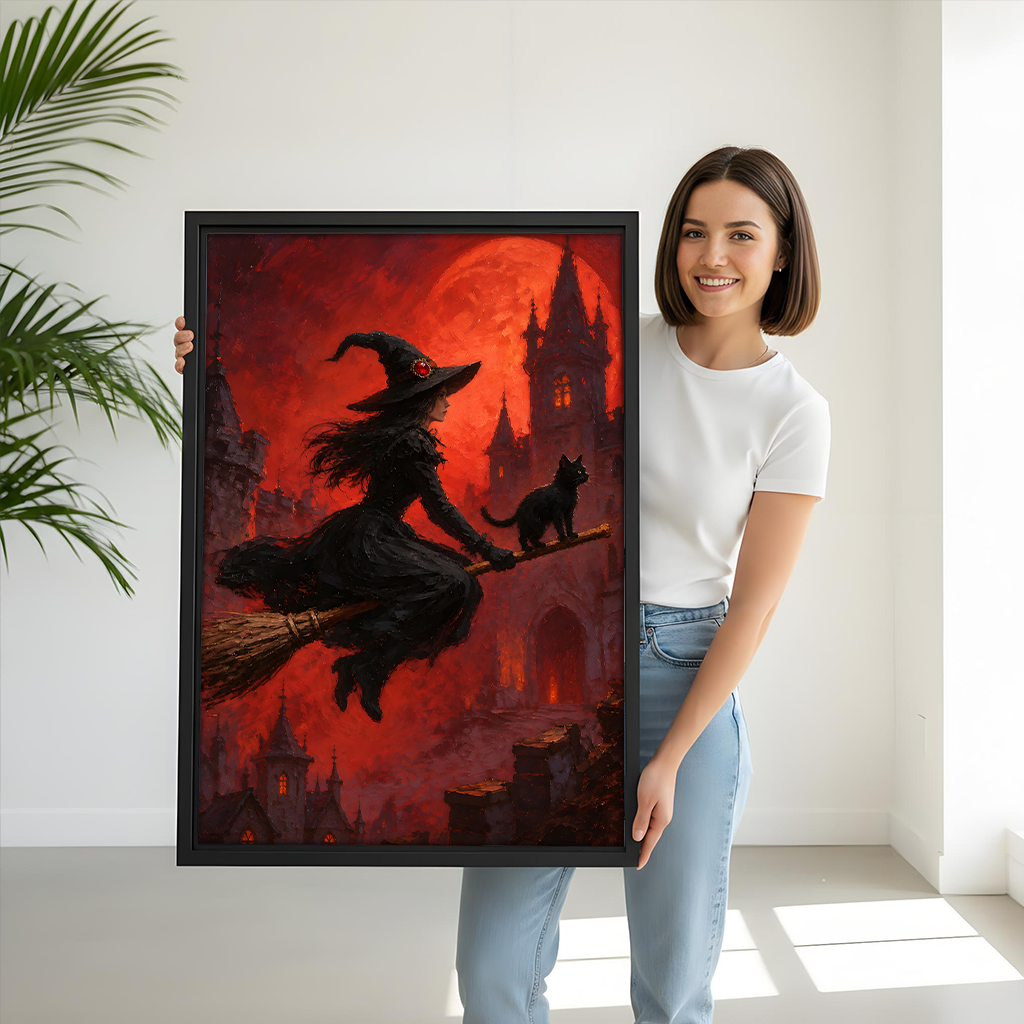 Gothic witch and black cat canvas wall art in a black frame beside a bunk bed.