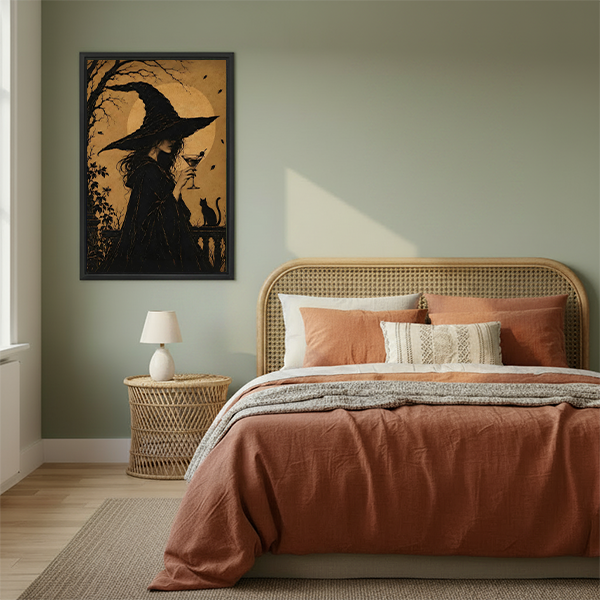 Framed witch and black cat moon canvas wall art on a sage bedroom wall above a rattan bed