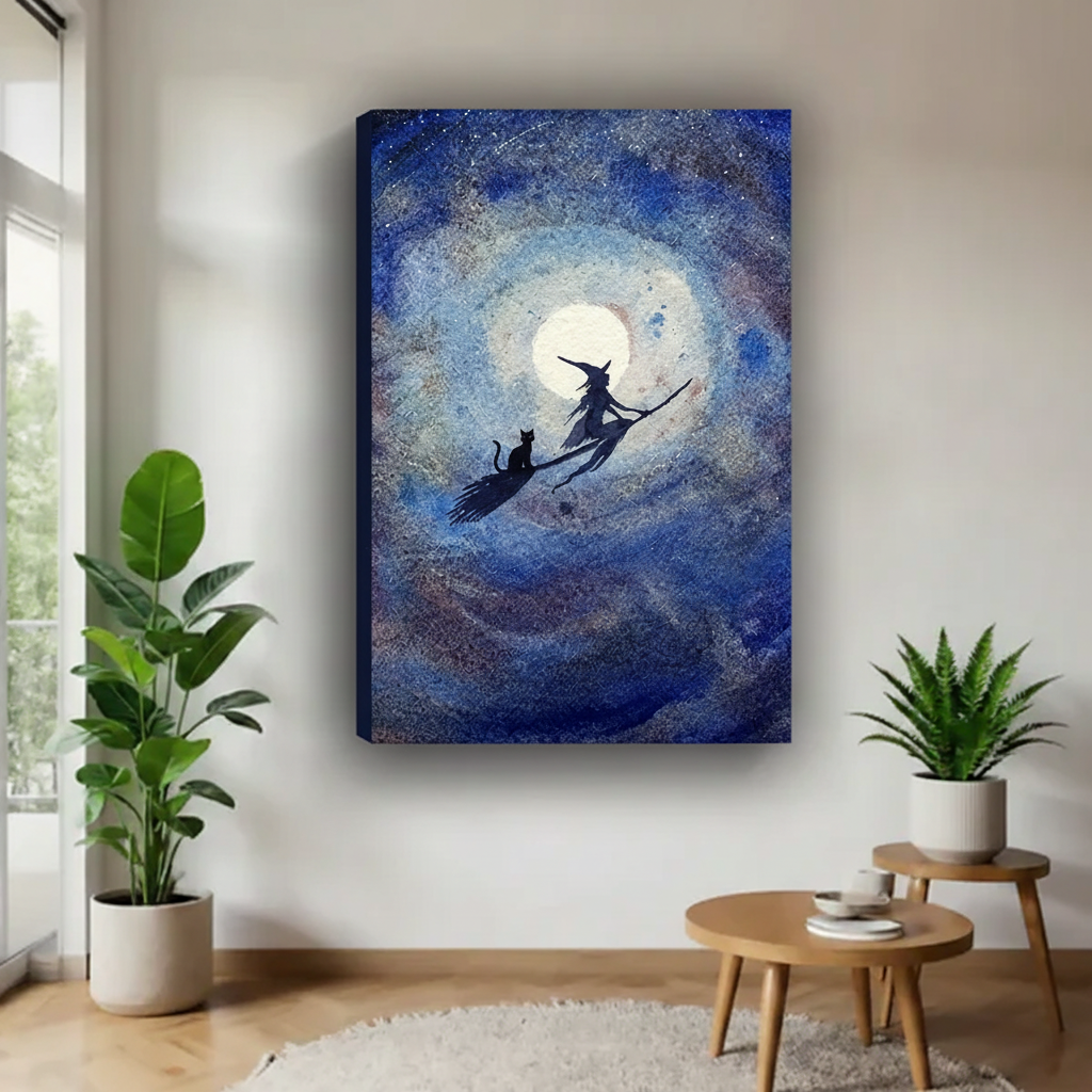  Frameless canvas wrap of witch riding broomstick with black cat under glowing moon, dark fantasy wall art for modern home