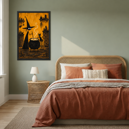 Witch and black cat potion canvas wall art displayed above a rattan bed