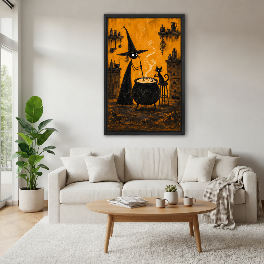 Framed witch and black cat potion canvas wall art displayed above a white living room sofa