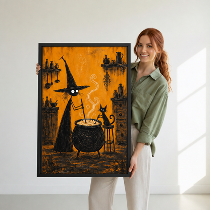 Woman holding large framed witch and black cat potion canvas wall art