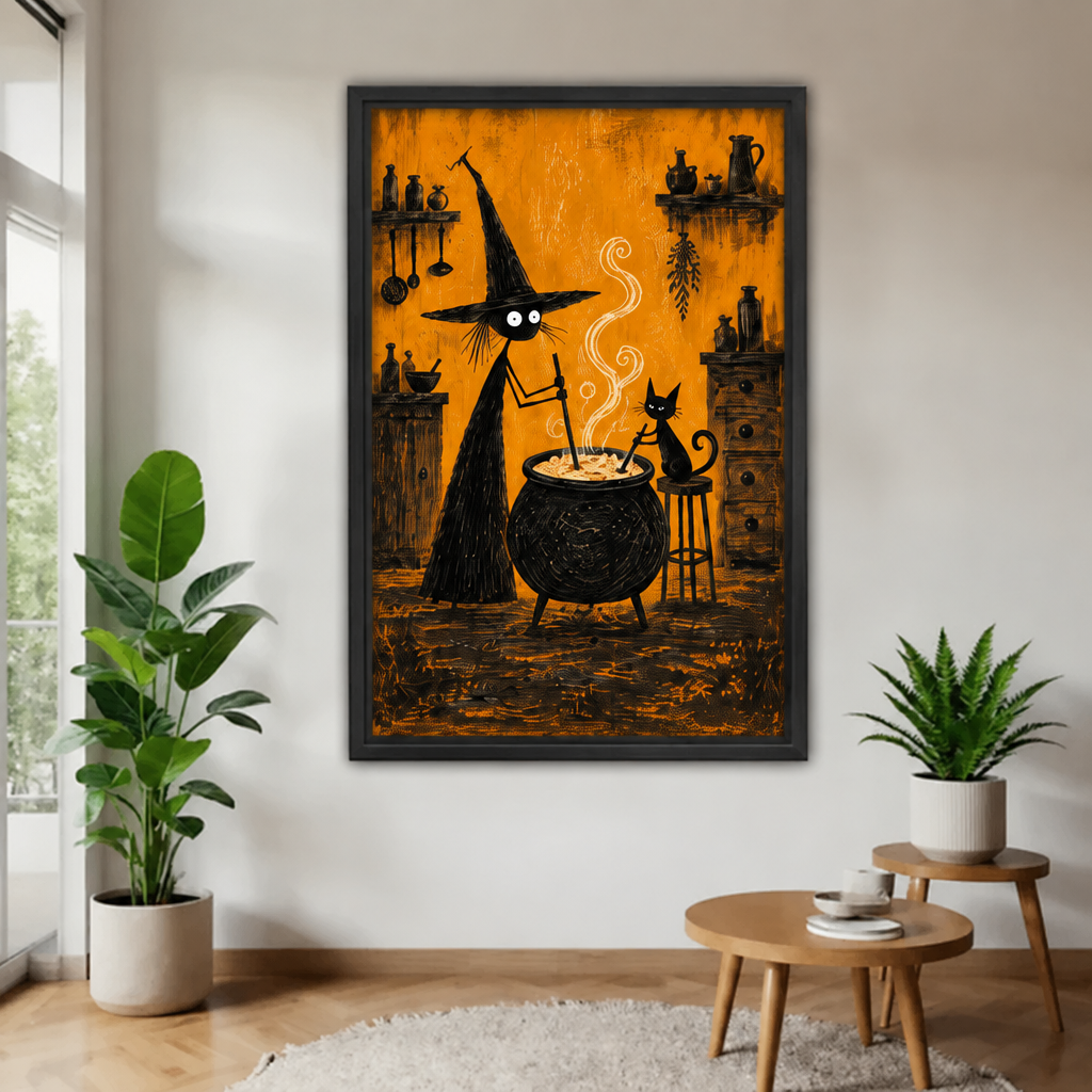 Black framed witch and black cat potion canvas wall art in a bright plant-filled living room