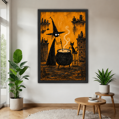 Black framed witch and black cat potion canvas wall art in a bright plant-filled living room