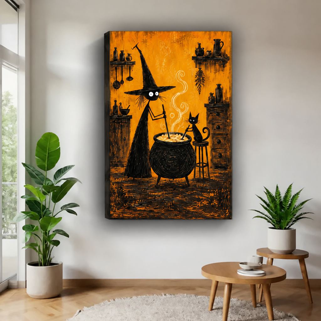 Witch and black cat potion gallery-wrap canvas featuring a steaming cauldron and orange background
