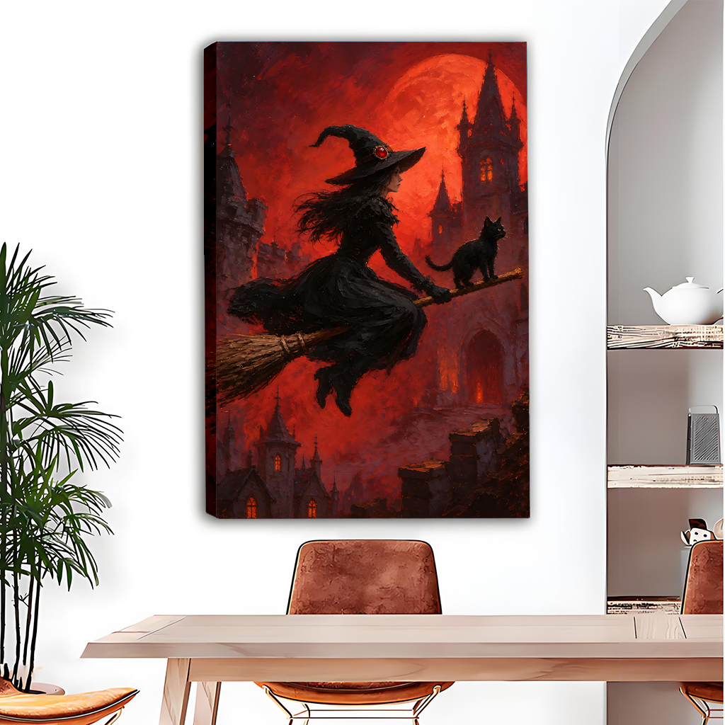 Framed witch and black cat canvas wall art with gothic towers, displayed above a dining table.