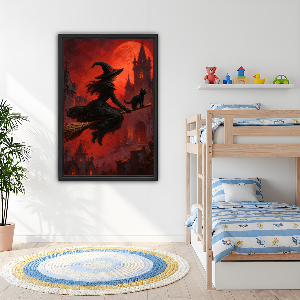 Framed witch and black cat canvas wall art under a crimson moon above a living room sofa.