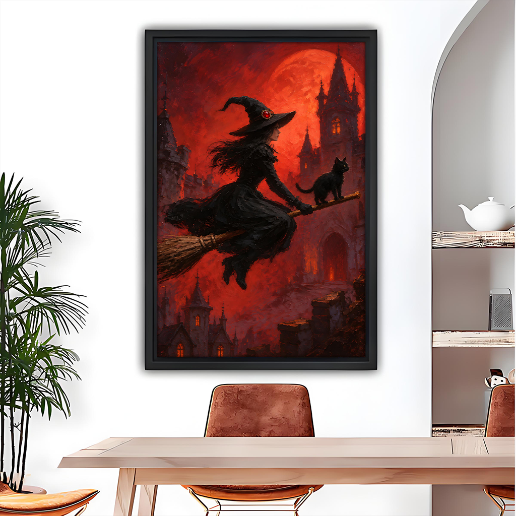 Witch and black cat canvas wall art beneath a red moon, unframed on a dining room wall.