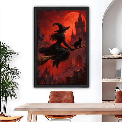Witch and black cat canvas wall art beneath a red moon, unframed on a dining room wall.