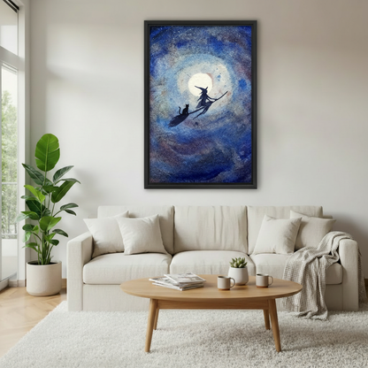  Witch and black cat flying over full moon framed wall art above linen sofa, moody dark fantasy living room decor