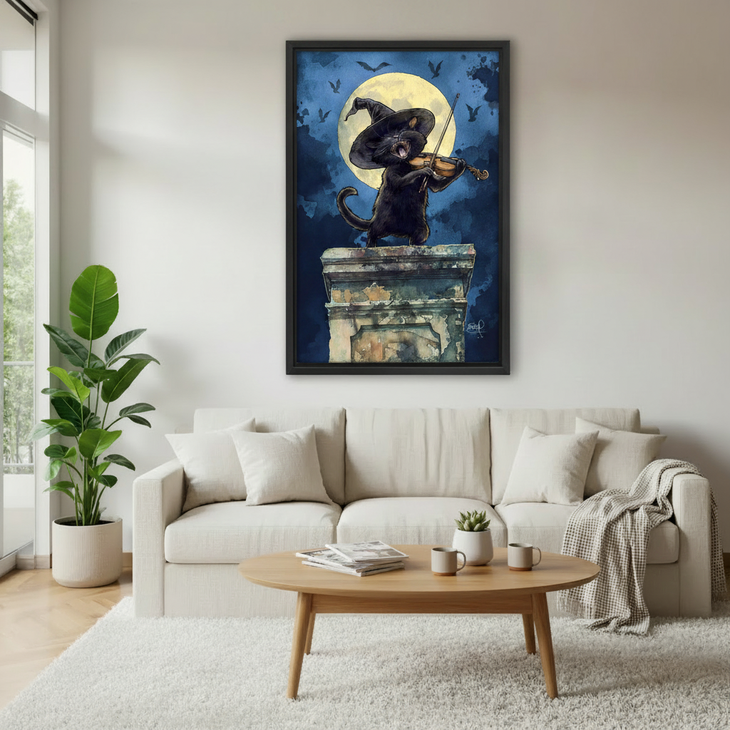 Black cat witch hat violin full moon bats framed wall art above cream sofa, moody Halloween fantasy canvas for Scandinavian living room