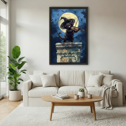 Black cat witch hat violin full moon bats framed wall art above cream sofa, moody Halloween fantasy canvas for Scandinavian living room