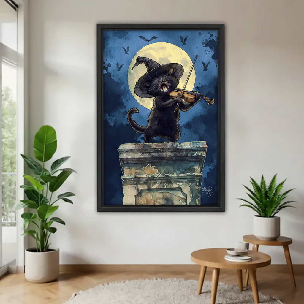  Witch black cat playing violin on stone pillar under full moon with bats framed wall art, Halloween fantasy watercolor canvas for living room