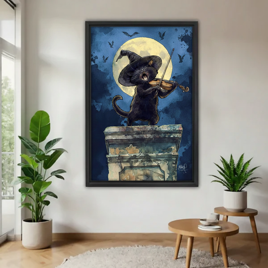  Witch black cat playing violin on stone pillar under full moon with bats framed wall art, Halloween fantasy watercolor canvas for living room