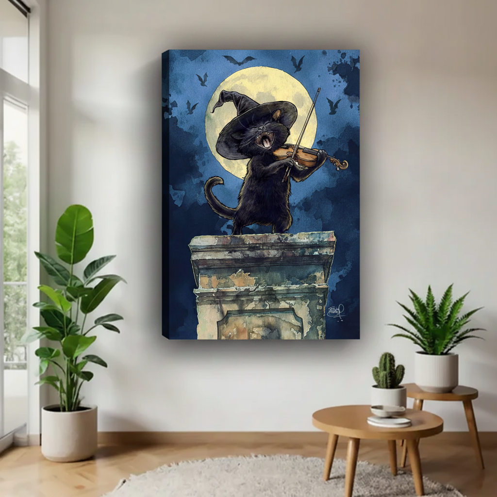  Frameless canvas wrap of black cat in witch hat playing violin under full moon and bats, dark fantasy Halloween wall art for modern living room