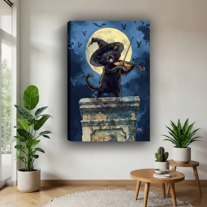  Frameless canvas wrap of black cat in witch hat playing violin under full moon and bats, dark fantasy Halloween wall art for modern living room