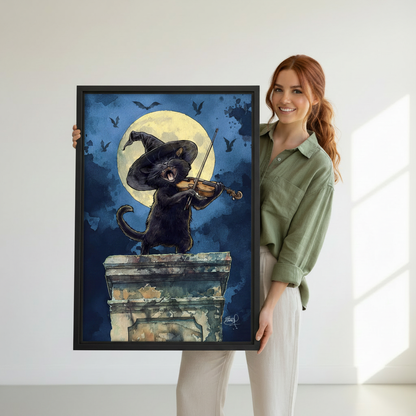 Woman holding large witch black cat violin full moon framed canvas print, Halloween fantasy watercolor wall art size reference