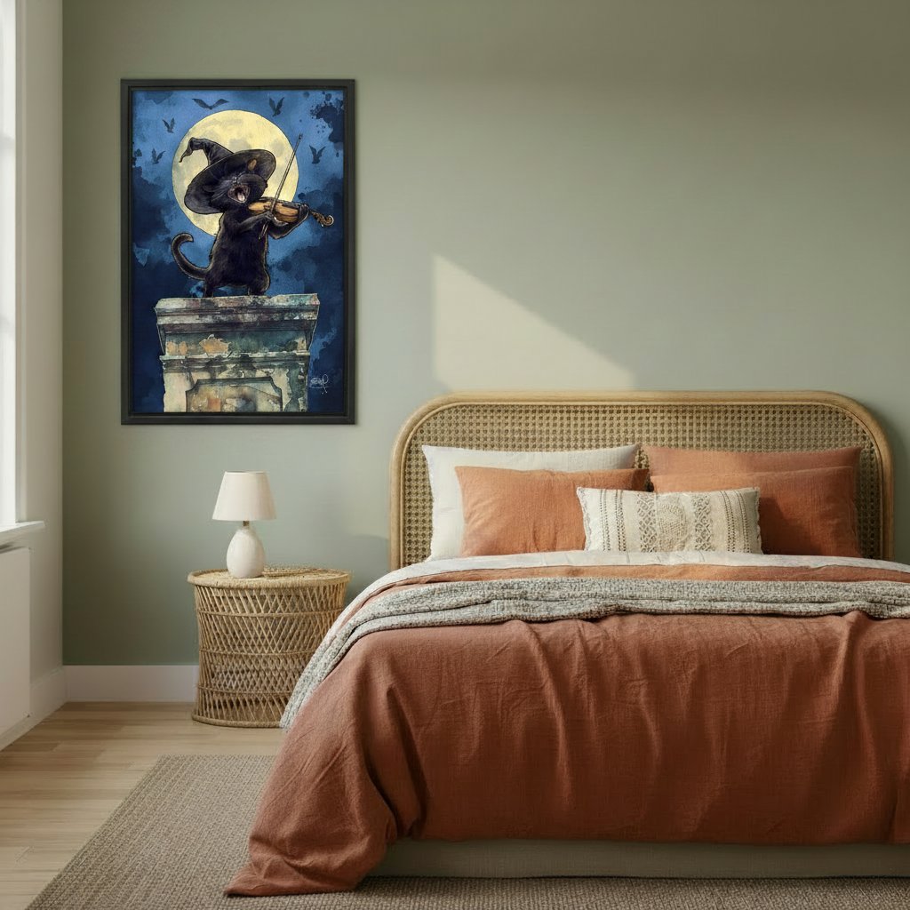  Halloween witch black cat playing violin under full moon framed wall art beside rattan bed, dark fantasy watercolor print for boho bedroom decor