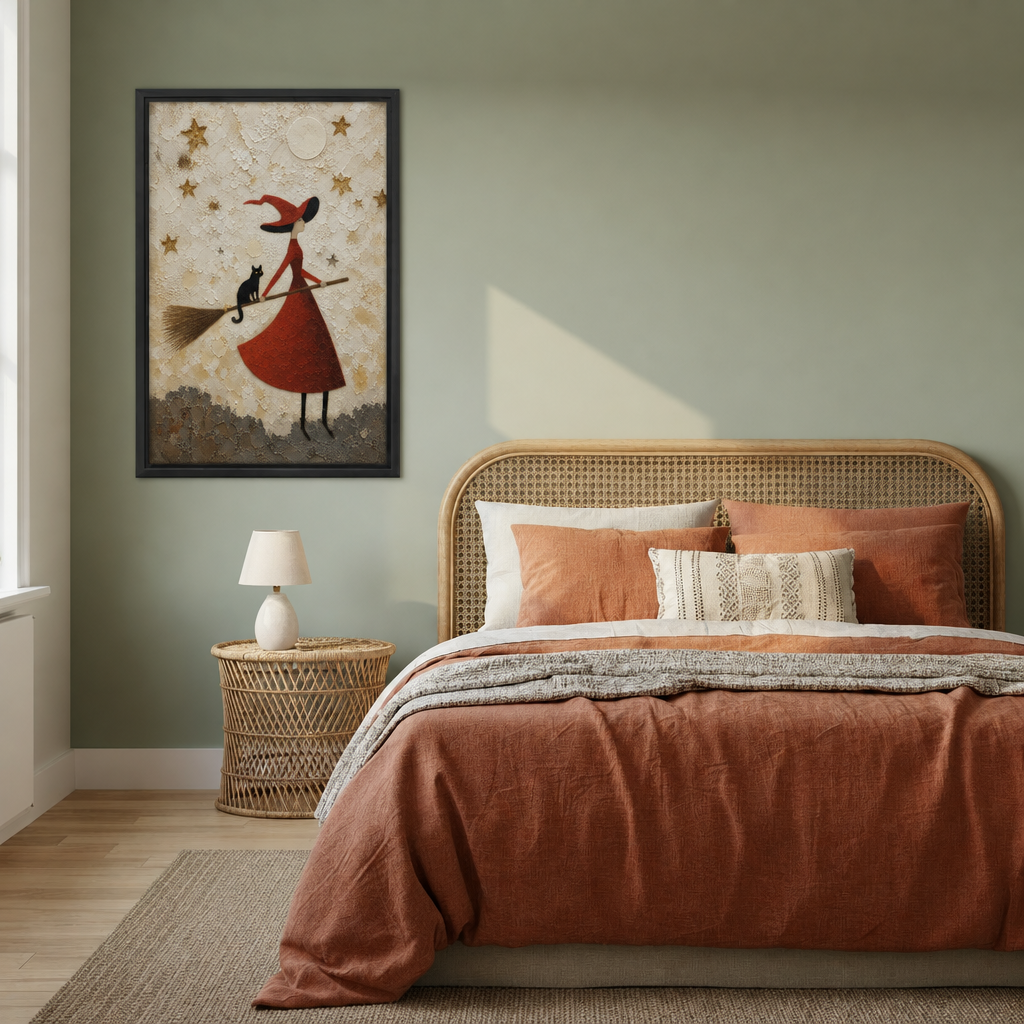 Witch and black cat wall art in a black frame beside a rattan bed against a sage green wall.