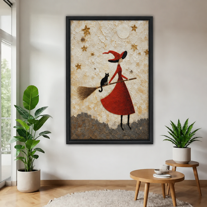 Black-framed witch and black cat wall art displayed between leafy plants above round wooden tables near a window.