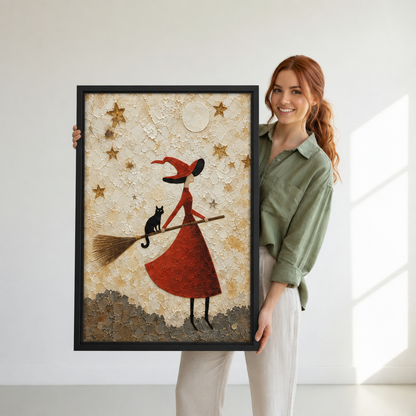 Woman holding black-framed witch and black cat wall art featuring a red dress, golden stars, and pale moon.