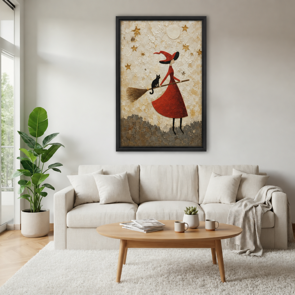 Framed witch and black cat wall art above a cream sofa with a wooden coffee table and leafy plant.
