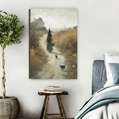Frameless gallery wrap canvas of lone witch with basket strolling golden autumn trail flanked by two black cats and scattered pumpkins impressionist oil painting, cottagecore farmhouse wall art for bedroom