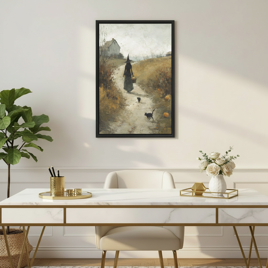 Solitary witch in black dress carrying wicker basket on autumn country lane with black cats and orange pumpkins impressionist oil painting framed wall art above grey sofa, cottagecore canvas for Scandinavian living room