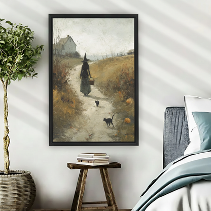  Back-view witch in tall hat carrying basket walking autumn country path with two black cats and pumpkins vintage oil painting framed wall art beside teal linen bed, cottagecore canvas for bedroom decor
