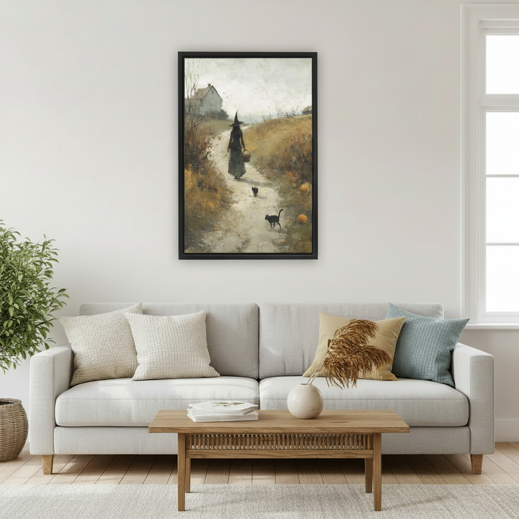 Mysterious back-view witch with pointed hat and basket walking golden autumn path beside two black cats near white farmhouse oil painting framed wall art above marble desk, cottagecore canvas for home office decor