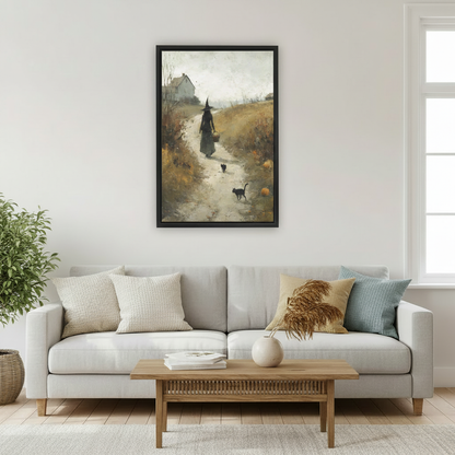 Mysterious back-view witch with pointed hat and basket walking golden autumn path beside two black cats near white farmhouse oil painting framed wall art above marble desk, cottagecore canvas for home office decor