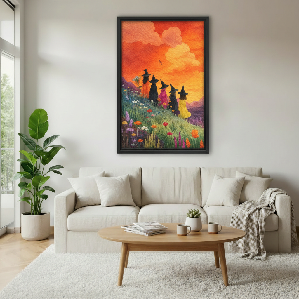 Witch canvas wall art displayed above a sofa with warm sunset colors and whimsical wildflower scenery