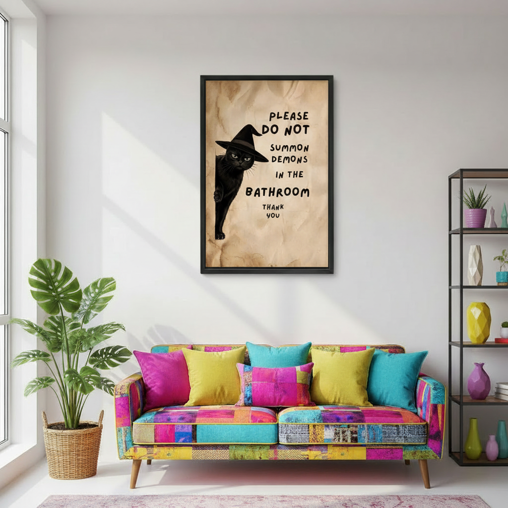 Witch cat bathroom canvas wall art adding playful spooky character above a colorful modern living room sofa