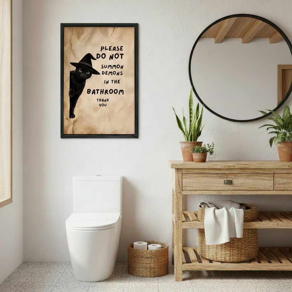 Witch cat bathroom canvas wall art in a black frame beside a round mirror and rustic bathroom console