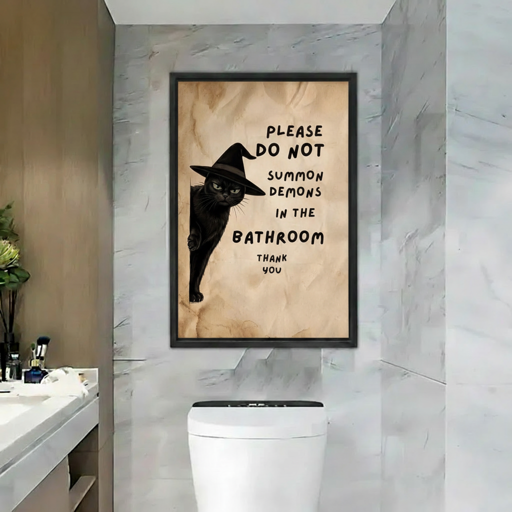 Witch cat bathroom canvas wall art featuring a black witch cat and humorous no demons bathroom warning