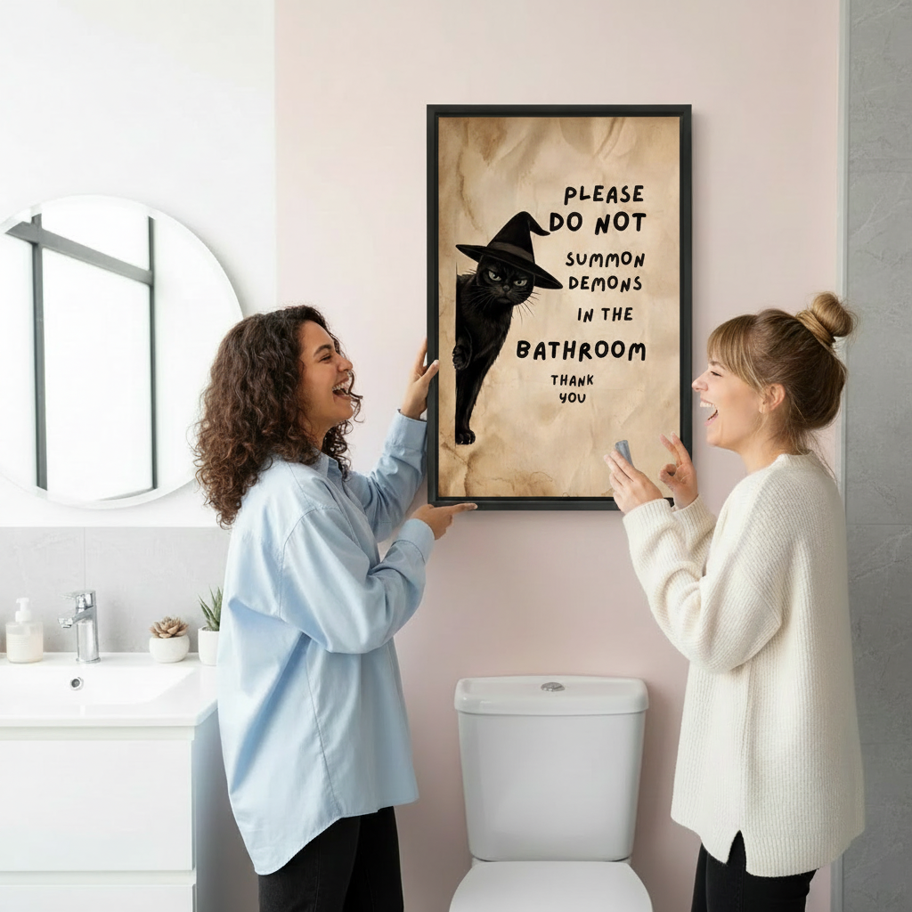 Witch cat bathroom canvas wall art displayed in a bright bathroom while two women admire the framed print