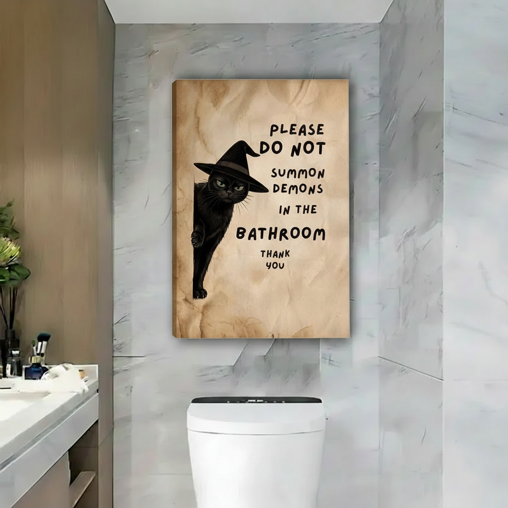 Witch cat bathroom canvas wall art shown as an unframed canvas above a toilet in a marble bathroom