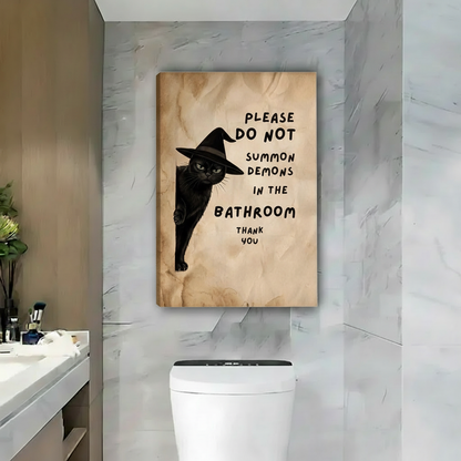 Witch cat bathroom canvas wall art shown as an unframed canvas above a toilet in a marble bathroom