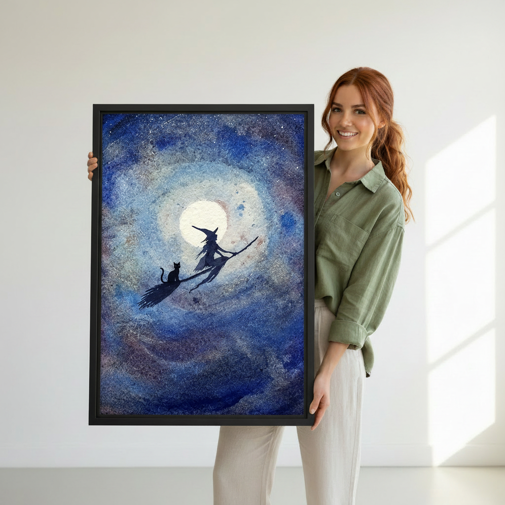  Woman holding large witch and black cat moonlit broomstick framed canvas print, gothic fantasy wall art size reference